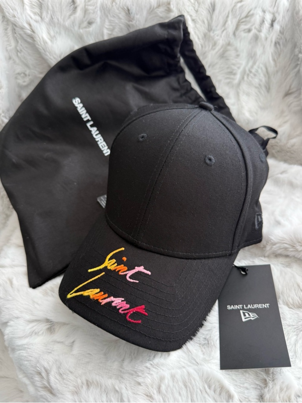 Saint Laurent Black Cap with Multicolor Script Embroidery